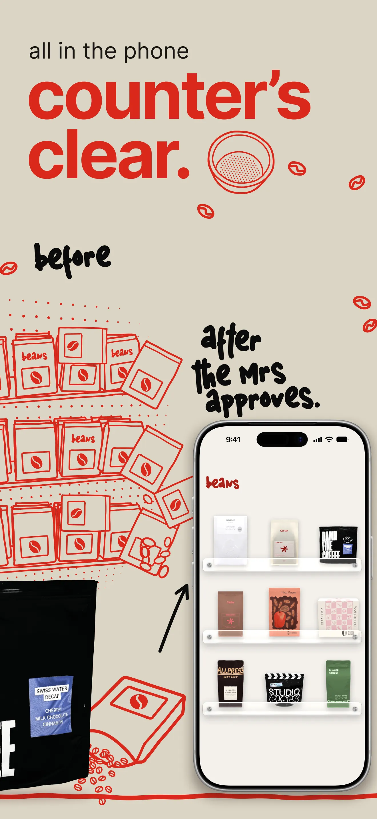 a heap of empty coffee bags drawn in red, next to the same bags standing tidily on a shelf in the app.