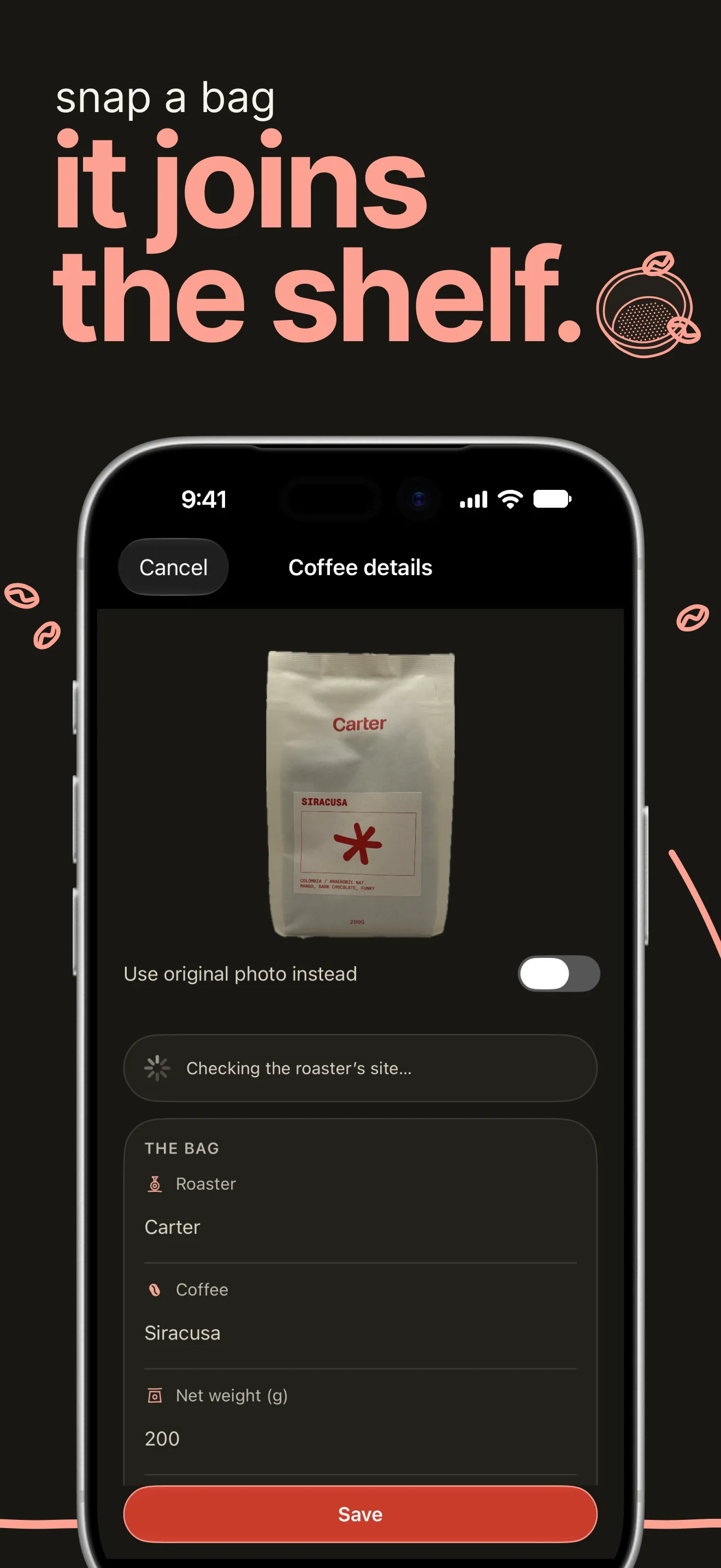 beans reading a new bag of Carter coffee: the photograph on top, the roaster and the coffee filled in underneath, and a note that it is checking the roaster’s site for the rest.